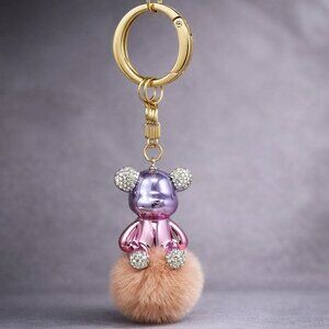 Glossy Teddy Bear with Pom Pom and Rhinestone Keychain Bag Charm Pink